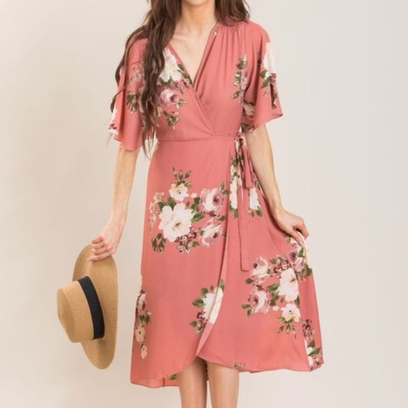 Twik Floral Wrap Dress Pink Rust Midi Size L - Picture 1 of 13